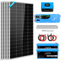 The Sungold Power complete solar energy kit includes six panels, a charge controller, inverter, two LiFePO4 batteries, cables, mounting brackets, and screws—all essentials for an RV solar setup displayed against a white background.