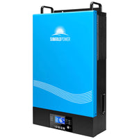 A blue and black Sungold Power solar inverter with a sun logo and wave pattern on top, display screen and control buttons on the lower front panel, featuring advanced MPPT solar charger technology for optimal efficiency.