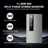 A Sungold Power silver split phase hybrid solar kit inverter is shown on a dark background, featuring 15kW max PV input, 600V open circuit voltage, 210A charge current, 11.4kW 48V output, and lithium battery storage.