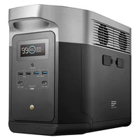 A portable Ecoflow power station with a digital display, multiple USB ports, outlets, and a sleek black and silver design. The EcoFlow logo appears on the lower right corner of the solar generator.