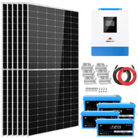 The Sungold Power solar kit includes six large monocrystalline panels, a blue and white inverter with display, three blue Lifepo4 batteries, mounting brackets, screws, and red/black power cables.