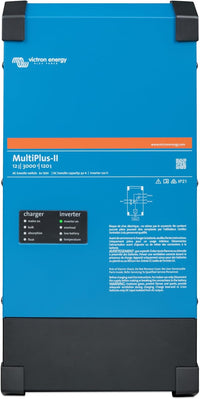 A blue Victron MultiPlus-II Pure Sine Wave Inverter/Charger displays product details, icons, and a wiring diagram on its front panel. Charger and inverter settings, along with model info, are shown at the top and center.