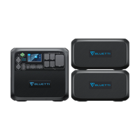 The Bluetti AC200MAX portable modular power station, featuring a digital display and control buttons, is displayed beside two matching Bluetti battery modules, all black with blue Bluetti logos, emphasizing their versatile charging capabilities.