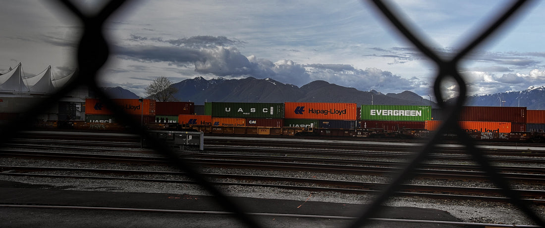 A chain-link fence in the foreground frames a view of shipping containers on train cars, with mountains and a cloudy sky in the background.