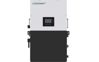 The LUXPower rectangular hybrid inverter features a white top, black bottom, and central digital display with buttons, designed for maximum solar energy efficiency, shown mounted on a plain background.