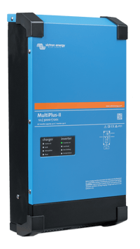 A blue Victron MultiPlus-II pure sine wave inverter/charger is mounted in a black frame, featuring visible product details and labels on its front panel.