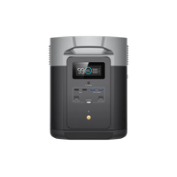 Front view of the EcoFlow Delta Max portable power station by Ecoflow, featuring a digital battery display and ports for USB, USB-C, and AC output. This modern solar generator works seamlessly with solar panels for dependable off-grid power.