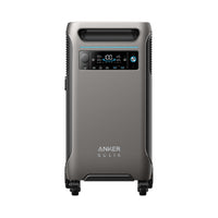 The Anker Solix F3800 is a portable power station with a sleek gray exterior, intelligent energy monitoring, a front digital display and control panel, and four bottom wheels for easy transport.
