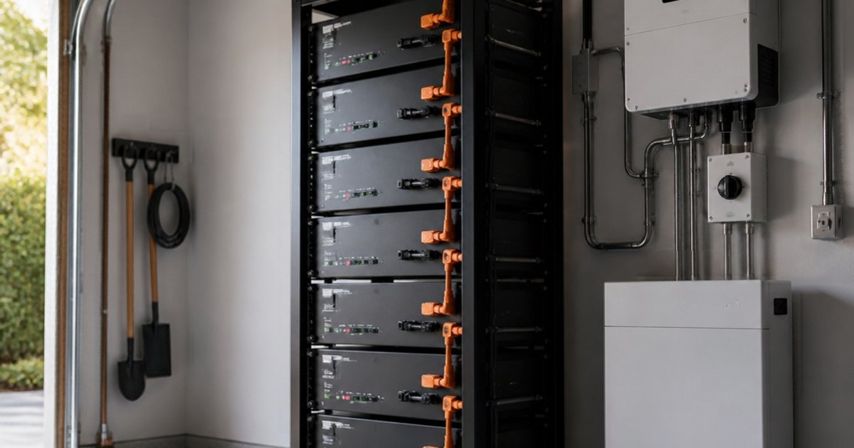 Stack of 48V server rack lithium batteries next to a hybrid inverter in a home garage