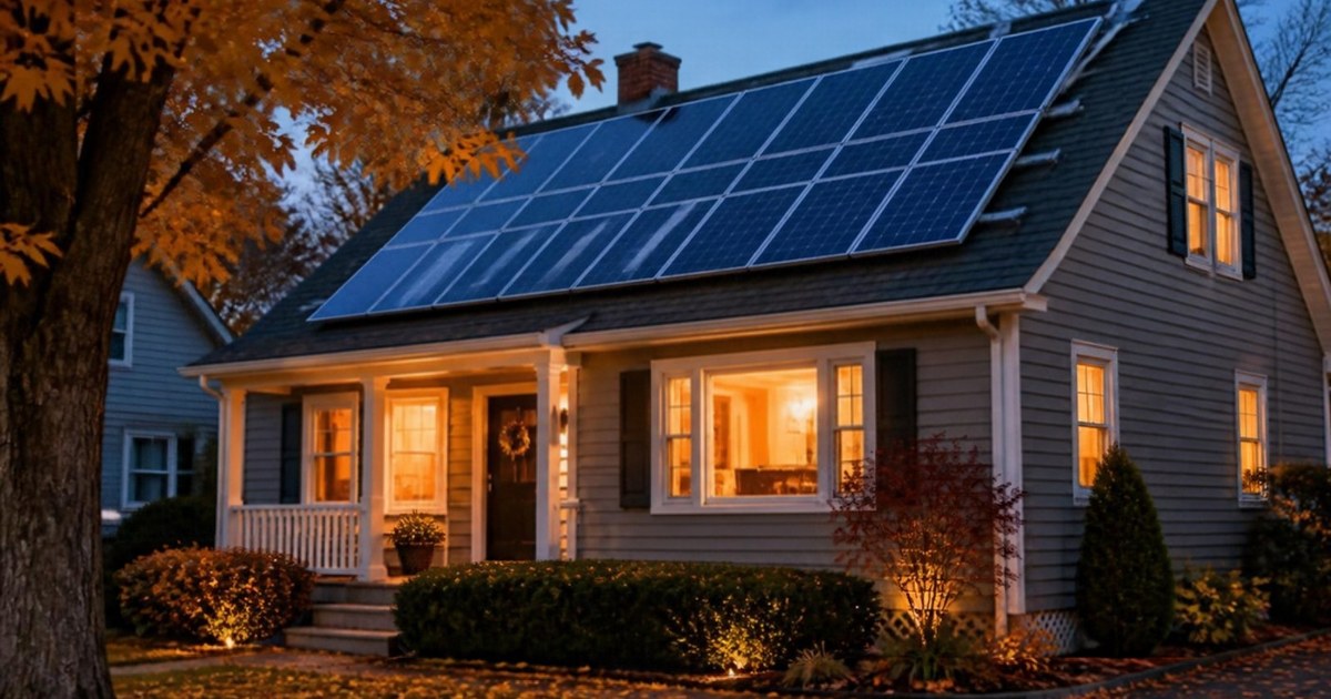 House with rooftop solar panels at dusk in autumn, windows lit - Black Friday solar deals 2026