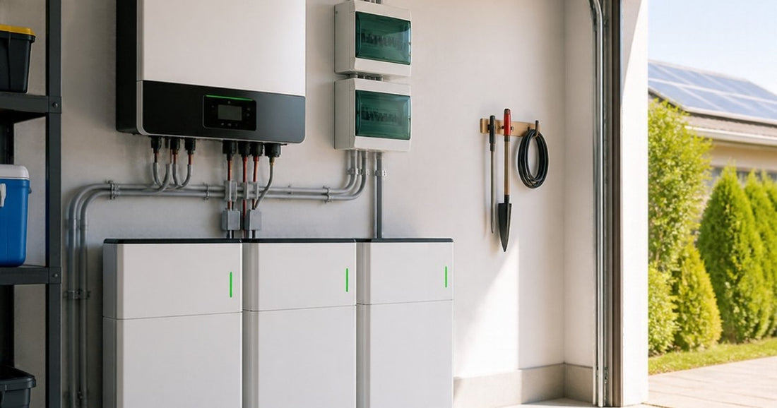 Hybrid solar inverter and wall-mounted home battery cabinets installed in a garage