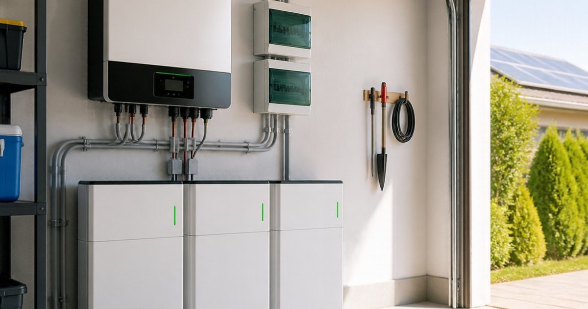 Hybrid solar inverter and wall-mounted home battery cabinets installed in a garage