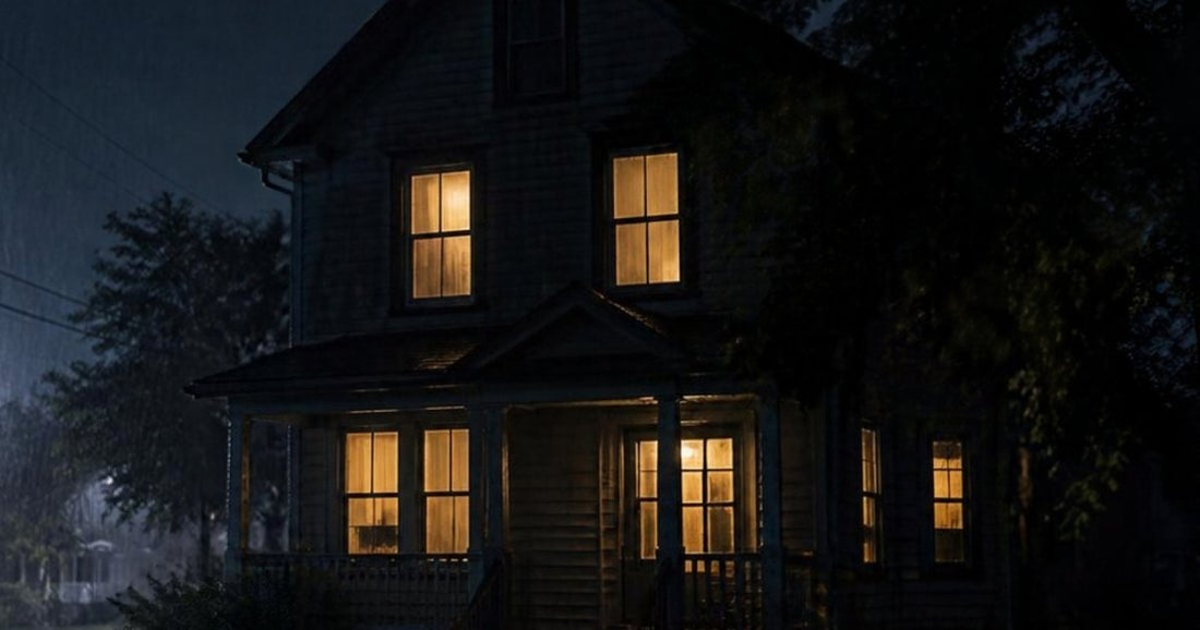 House with lights on during a storm power outage, powered by a home backup solar generator