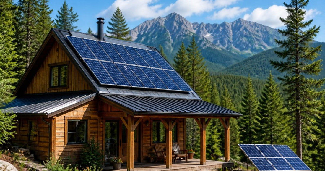 Off-grid cabin in the mountains powered by rooftop and ground-mounted solar panels