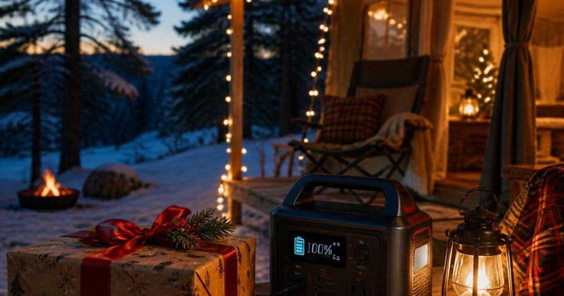 Portable power station next to a wrapped holiday gift on a snowy cabin porch with string lights at dusk