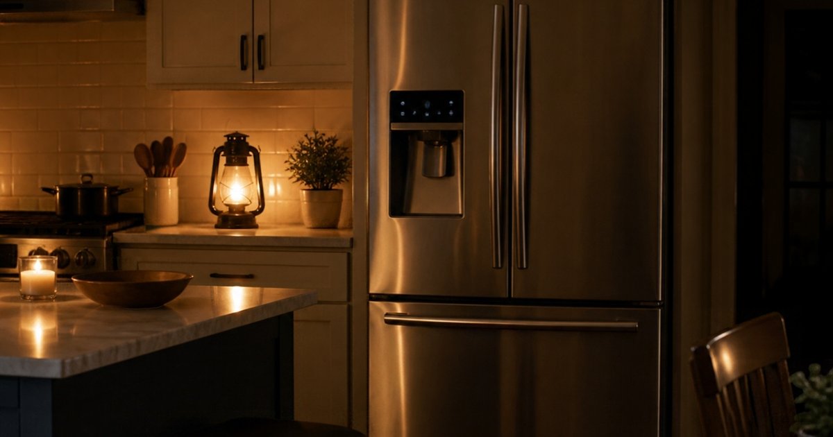 Kitchen refrigerator during an evening power outage lit by a lantern
