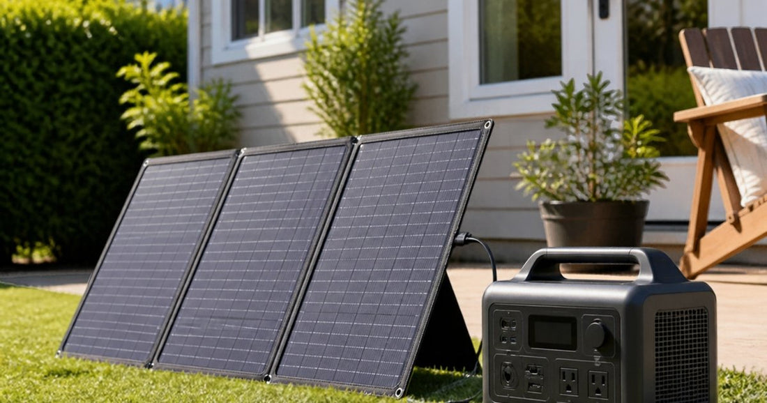 Portable solar generator and folding solar panel set up on a lawn outside a house
