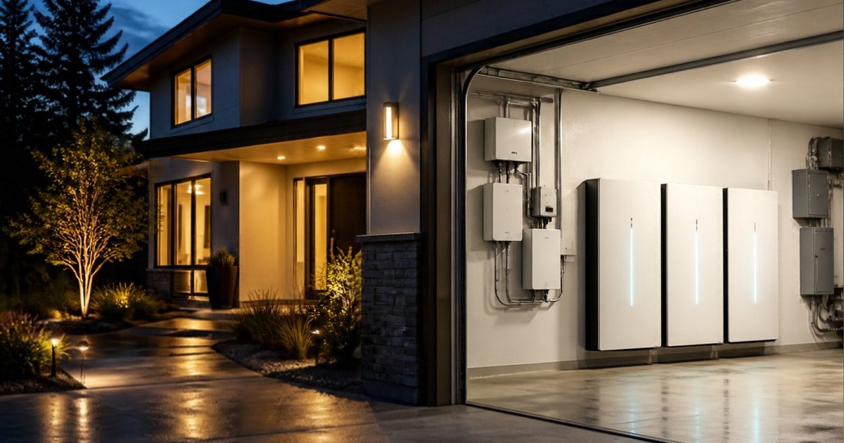 Modern home at night with wall-mounted home battery backup units and inverter in the garage