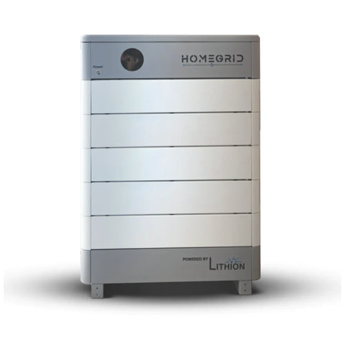A rectangular gray and white Homegrid modular home battery stands on short legs, with HOMEGRID at the top right and Powered by Lithion at the bottom right of the front panel. A power indicator is also visible.
