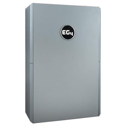 The silver-gray EG4 PowerPro is a large, rectangular battery storage unit with the black-and-white EG4 logo centered on the front, ideal as a residential energy storage solution for home use.