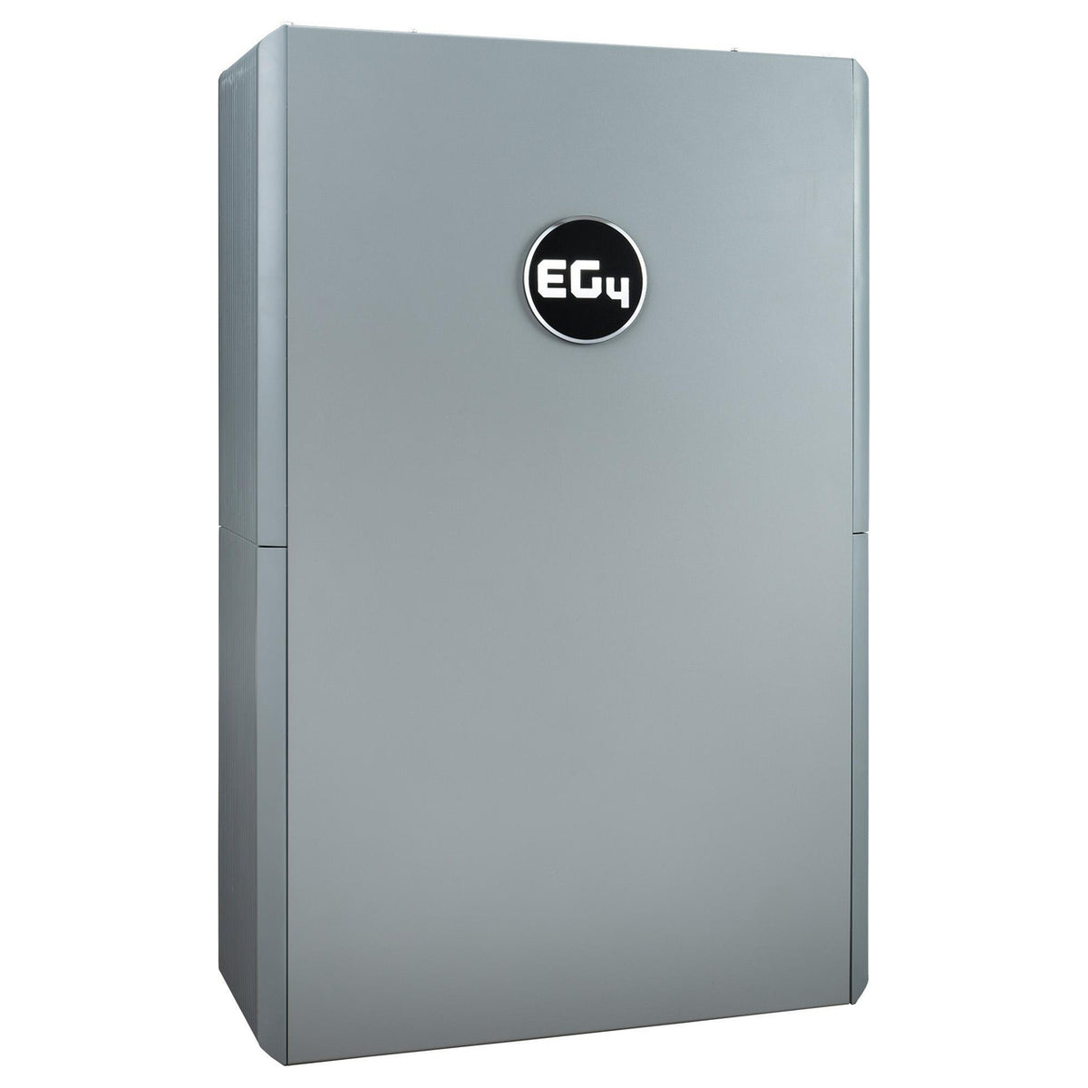 The EG4 battery storage unit features a rectangular gray design with a black circular EG4 logo on the front, clean lines, and supports a wide battery voltage range for enhanced versatility.