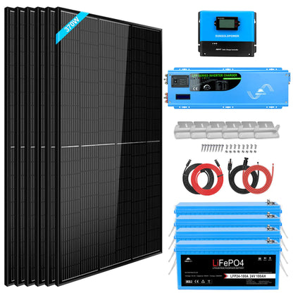 SUNGOLD POWER OFF GRID 6000W SOLAR KIT 24VDC 120V/240V INVERTER/CHARGER LIFEPO4 10.24KWH LITHIUM BATTERY 6 X 370 WATT SOLAR PANELS SGK-PRO62