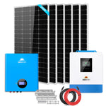 The Sungold Power solar energy kit includes six large black panels, a blue 5000W inverter, a white and blue charge controller, mounting brackets, screws, and red/black cables for your off-grid solar system needs.