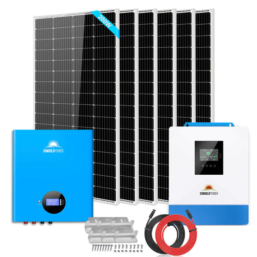 The Sungold Power solar energy kit includes six large black panels, a blue 5000W inverter, a white and blue charge controller, mounting brackets, screws, and red/black cables for your off-grid solar system needs.