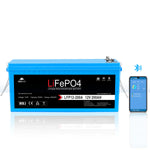 A blue, rectangular Sungold Power 12V 200Ah LiFePO4 battery appears next to a smartphone with a monitoring app, emphasizing Bluetooth connectivity and an advanced BMS for reliable performance.