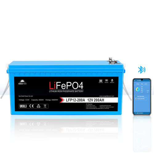 A blue, rectangular Sungold Power 12V 200Ah LiFePO4 battery appears next to a smartphone with a monitoring app, emphasizing Bluetooth connectivity and an advanced BMS for reliable performance.