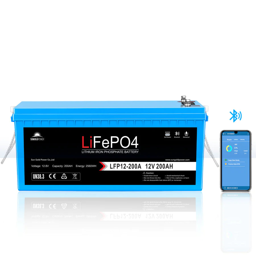 A blue, rectangular Sungold Power 12V 200Ah LiFePO4 battery appears next to a smartphone with a monitoring app, emphasizing Bluetooth connectivity and an advanced BMS for reliable performance.