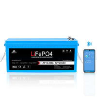 A blue, rectangular Sungold Power 12V 200Ah LiFePO4 battery appears next to a smartphone with a monitoring app, emphasizing Bluetooth connectivity and an advanced BMS for reliable performance.