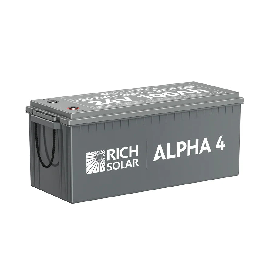 A rectangular gray Rich Solar battery labeled ALPHA 4, paired with 200W monocrystalline panels, has a spec-labeled lid and two small cables at one end, all set against a white background.