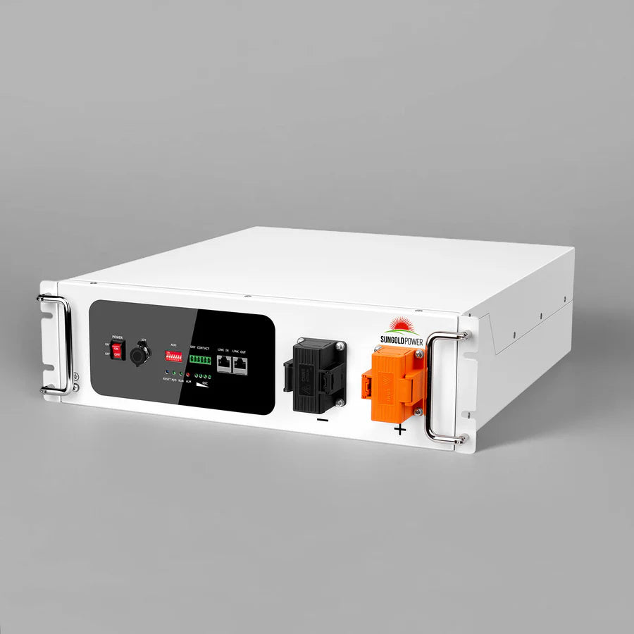 A white rectangular Sungold Power SGH48100T battery storage unit with control switches, indicator lights, ports, and large orange and black connectors in a modular design, set against a plain grey background.