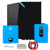 The Sungold Power solar kit includes six black panels, two blue inverters with digital displays, red and black cables, connectors, mounting brackets, and installation hardware—ideal for off-grid use—all displayed on a white background.