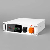A white rectangular Sungold Power SGH48100T battery module with a black control panel, switches, indicator lights, connectors, and orange and black terminals highlights its modular design against a plain gray background.