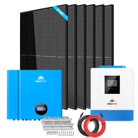 The Sungold Power solar power kit for off-grid systems features six black panels, a pure sine wave inverter, a white and blue charge controller with display, red and black cables, metal mounting hardware, and screws.