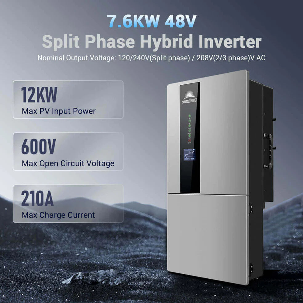 A Sungold Power 7.6KW 48V split phase hybrid inverter sits on rocky terrain, featuring 12KW max PV input, 600V open circuit voltage, and lithium battery support with up to 210A max charge current.