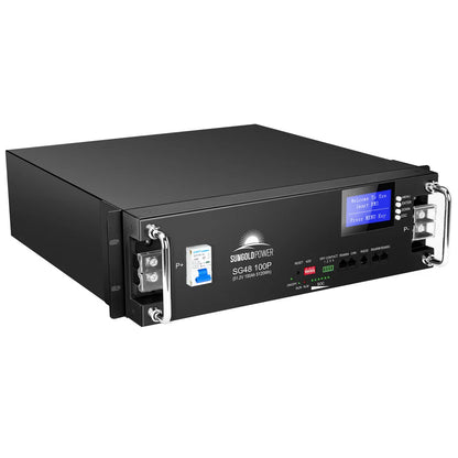 A black Sungold Power battery backup unit with digital display, indicator lights, buttons, ports, and side metal handles for rack mounting; compatible with 15,415W solar panels or a 000W solar inverter.