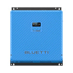 A blue Bluetti RV5 5000W solar generator features a small display screen and buttons in the center, with diagonal grooves across the front panel, making it a sleek and efficient portable power station for all your energy needs.
