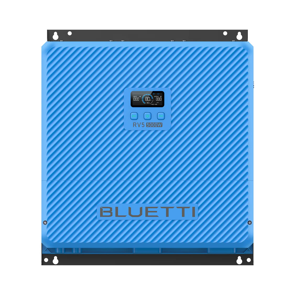 A blue Bluetti RV5 5000W solar generator features a small display screen and buttons in the center, with diagonal grooves across the front panel, making it a sleek and efficient portable power station for all your energy needs.