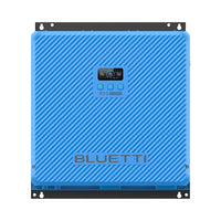 A blue Bluetti RV5 5000W solar generator features a small display screen and buttons in the center, with diagonal grooves across the front panel, making it a sleek and efficient portable power station for all your energy needs.