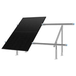 An Eco Solar Kits black solar panel is mounted on a gray metal frame with adjustable support legs, angled against a white background.