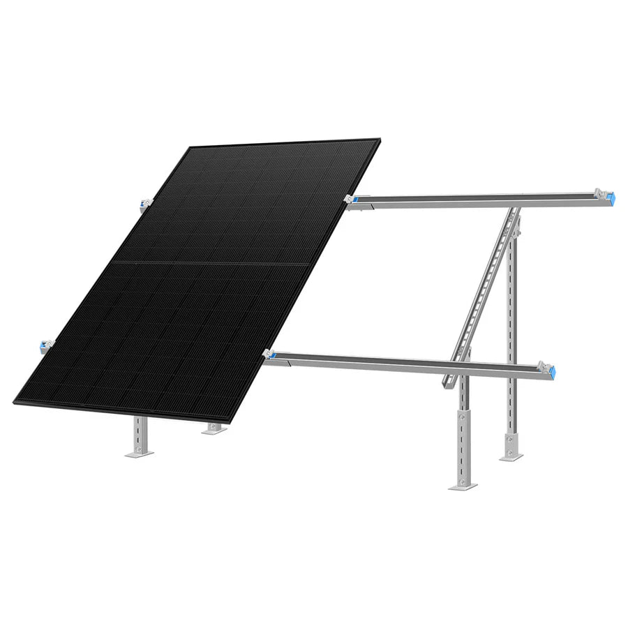 An Eco Solar Kits black solar panel is mounted on a gray metal frame with adjustable support legs, angled against a white background.
