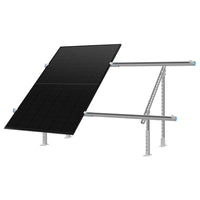 An Eco Solar Kits black solar panel is mounted on a gray metal frame with adjustable support legs, angled against a white background.