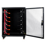 A black Rich Solar server rack cabinet with mesh door open reveals horizontal power units and orange cables inside—perfect for LiFePO4 battery energy storage or green solutions. The cabinet stands on adjustable feet.