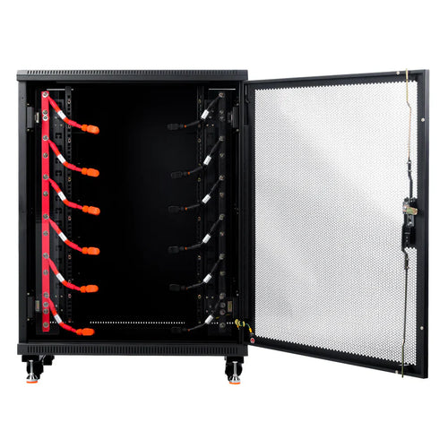 A black Rich Solar server rack cabinet with mesh door open reveals horizontal power units and orange cables inside—perfect for LiFePO4 battery energy storage or green solutions. The cabinet stands on adjustable feet.