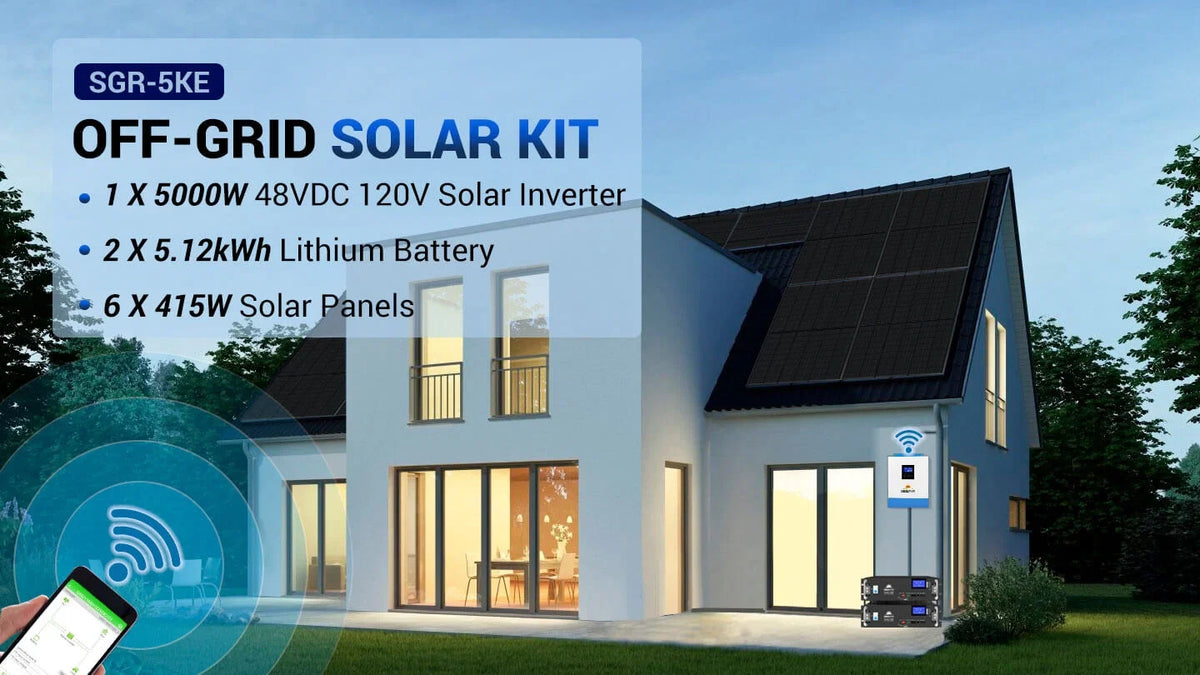 Sungold Power Off‑Grid 5,000W Solar Kit 48VDC 120V Inverter LiFePO₄ 10.24 kWh Battery 6×415W Solar Panels SGR‑5KE