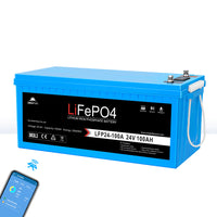 A blue rectangular 24V 100Ah LiFePO4 Battery by Sungold Power, labeled LFP24-100A, features connection terminals, a white handle, and sits beside a smartphone with a Bluetooth symbol, showcasing its advanced Battery Management System.