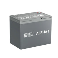 A rectangular gray Rich Solar LiFePO4 battery labeled ALPHA 1, with 12.8V 100Ah specs on top and two terminal posts.